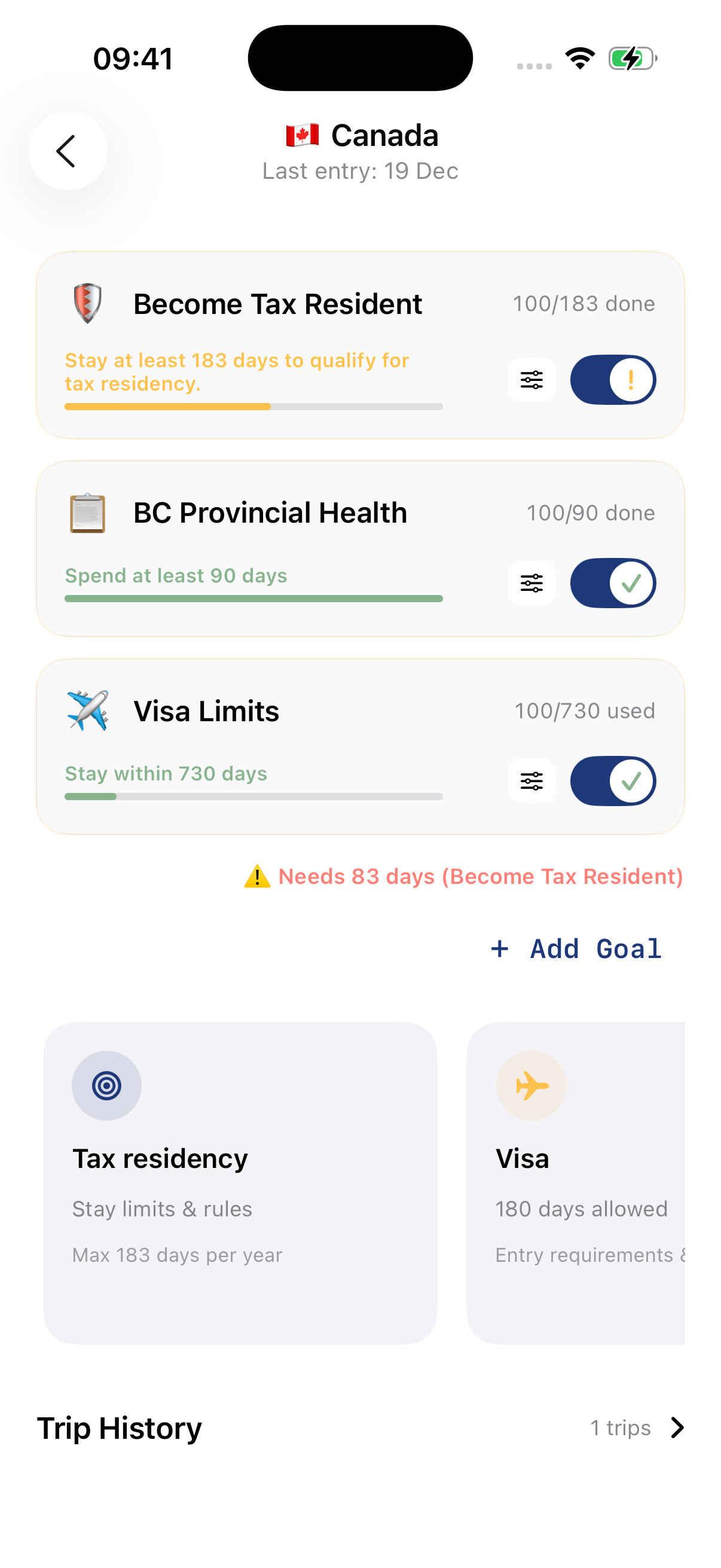 Residency app preview with the list of goals tracked for Canada