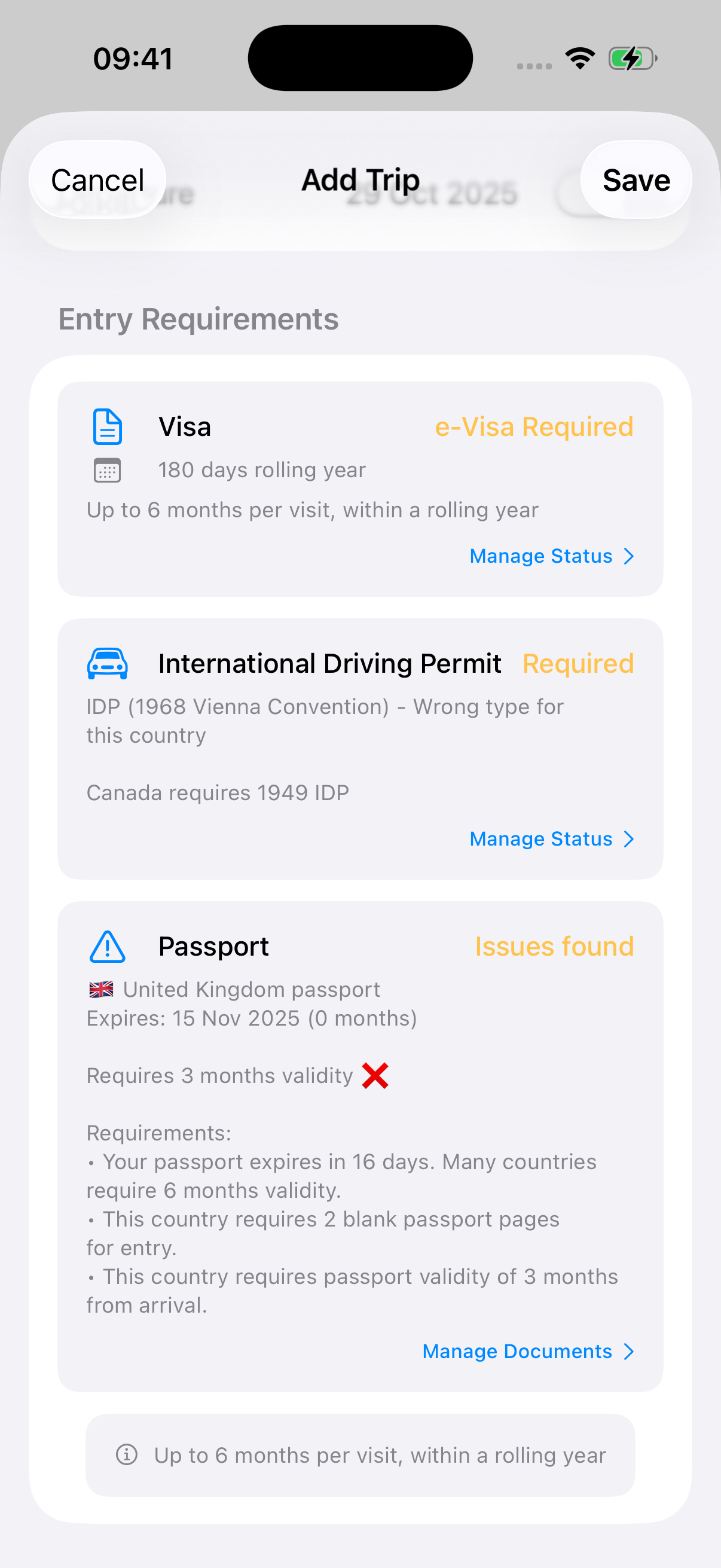 Residency app preview with `compiler warnings` for an upcoming trip to Canada