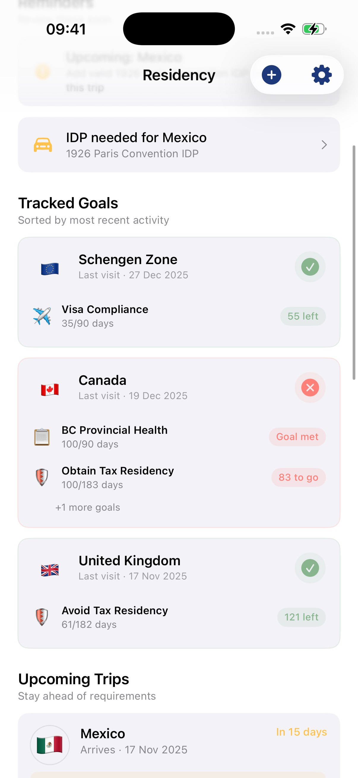 Residency app preview with dashboard featuring multiple tracked goals and alerts