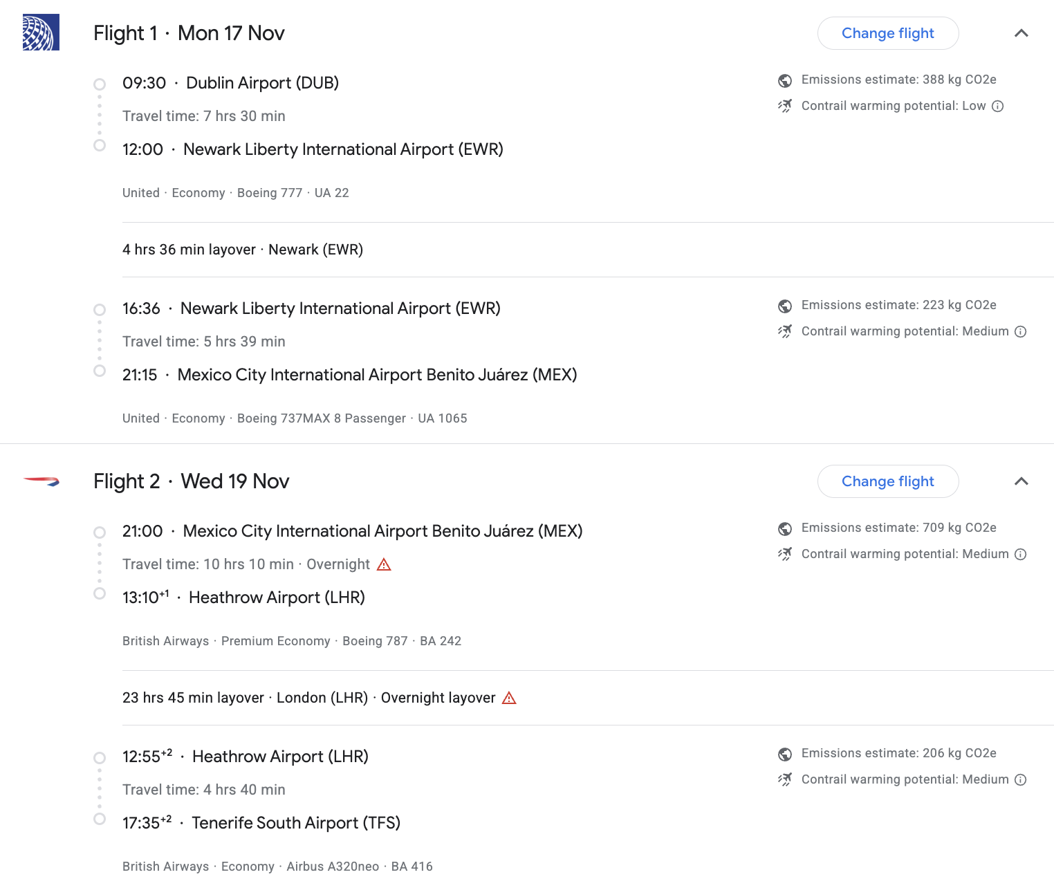A very sensible flight itinerary with a few stops (DUB → EWR → MEX → LHR → TFS)