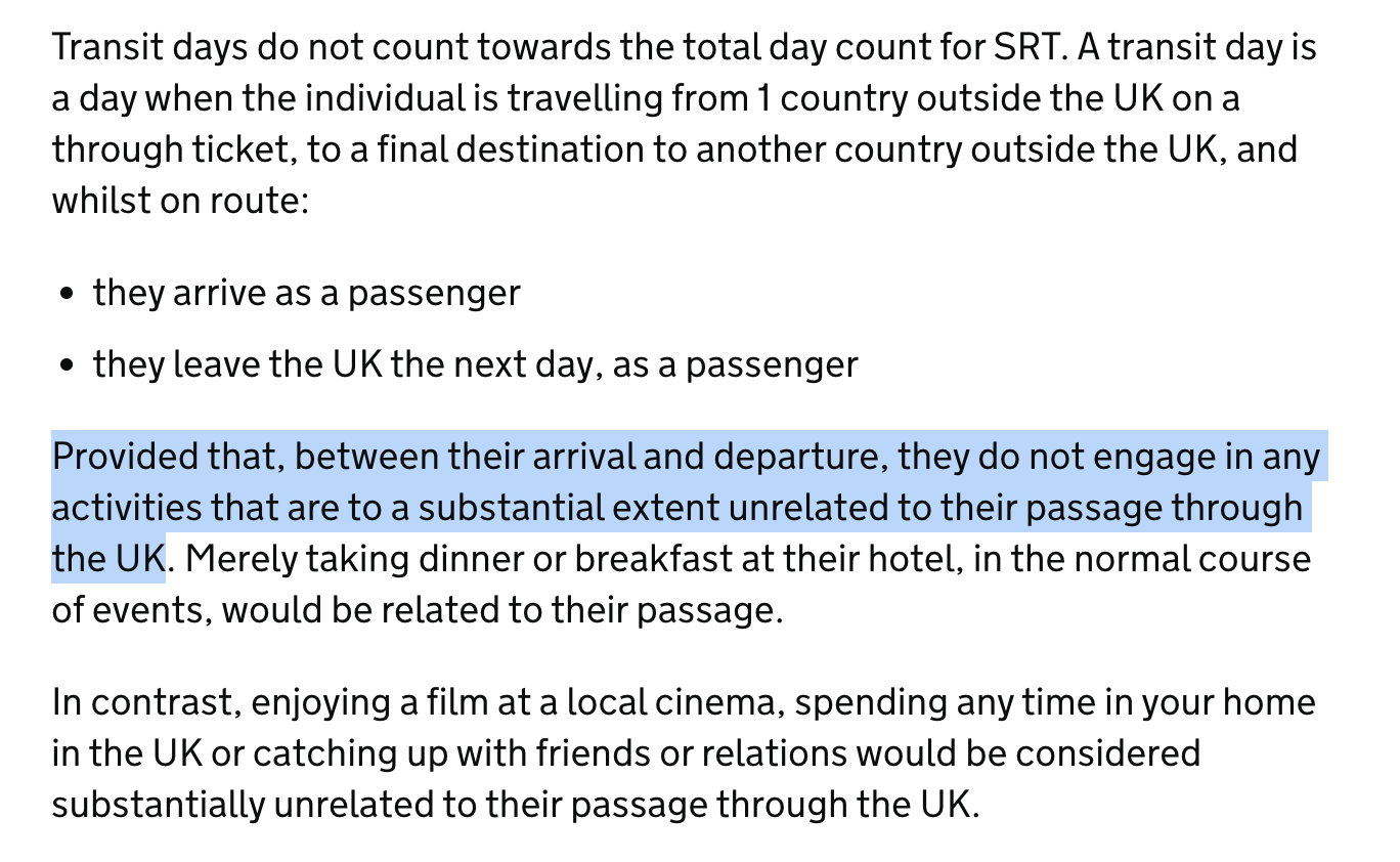 Quote from gov.uk explaining how tax residency on transit is counted