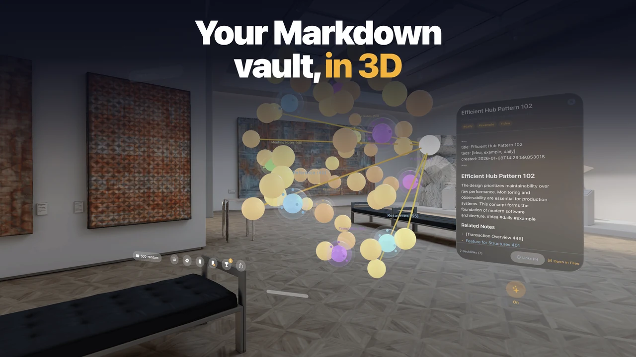 Constellation on Vision Pro showing a Markdown vault as a 3D graph of notes