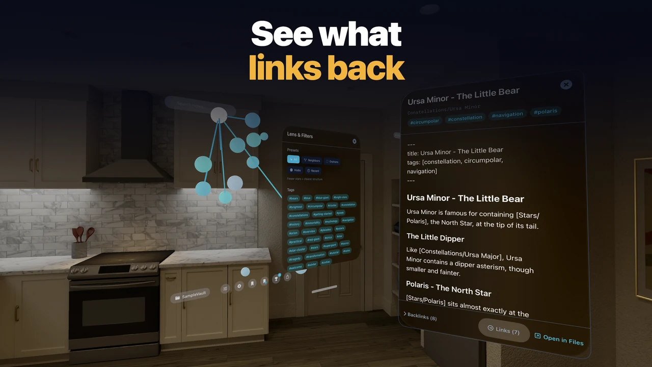 Constellation on Vision Pro showing a note's backlinks next to the graph
