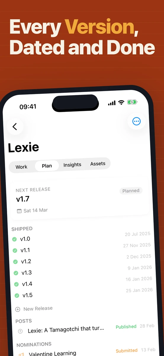 Lexie's release history in Docket on iPhone, from v1.0 to the planned v1.7