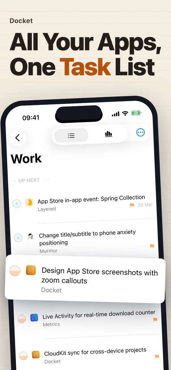 Docket on iPhone listing tasks from several apps in one Work list