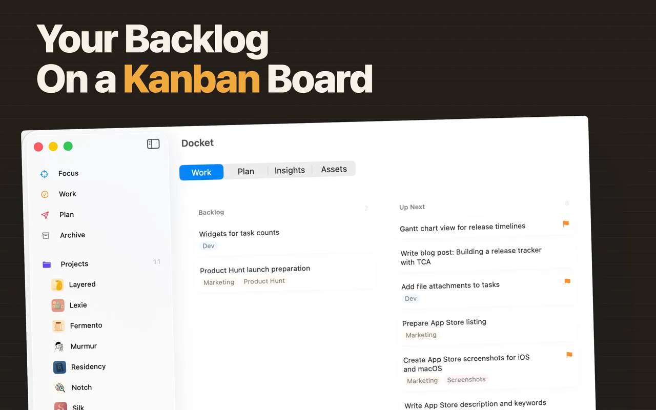 Docket for Mac showing the backlog as a Kanban board