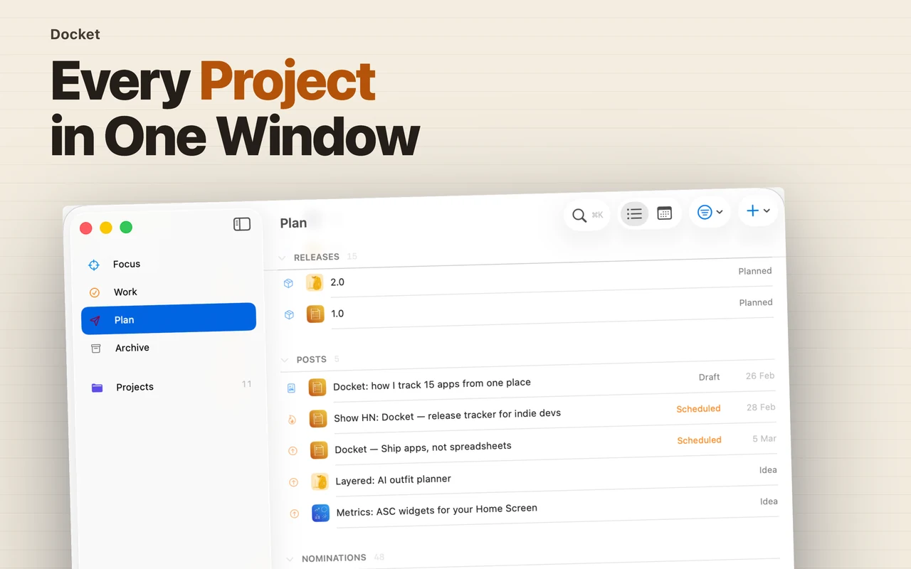 Docket for Mac showing a project's releases and posts in the Plan view