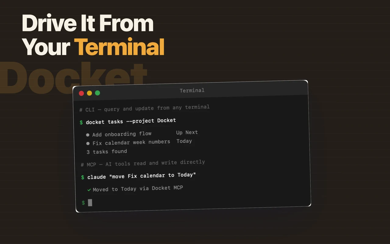 Docket CLI listing tasks in the terminal, and Claude moving a task through the MCP server
