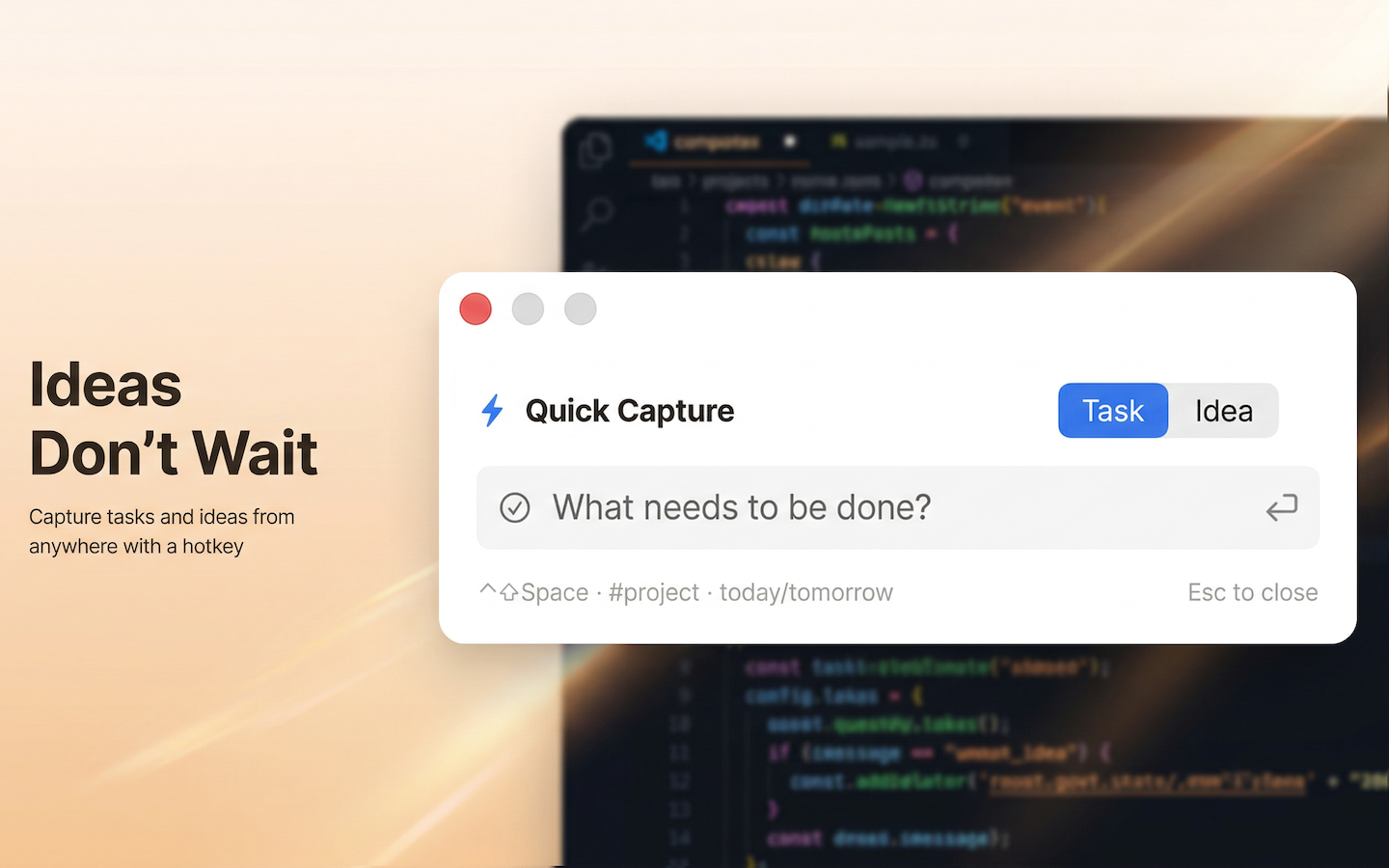 Quick Capture overlay appearing over a code editor