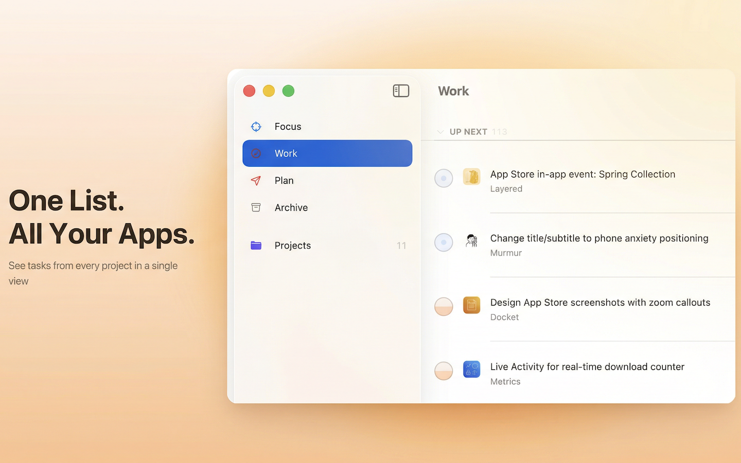 Work view showing tasks across multiple projects
