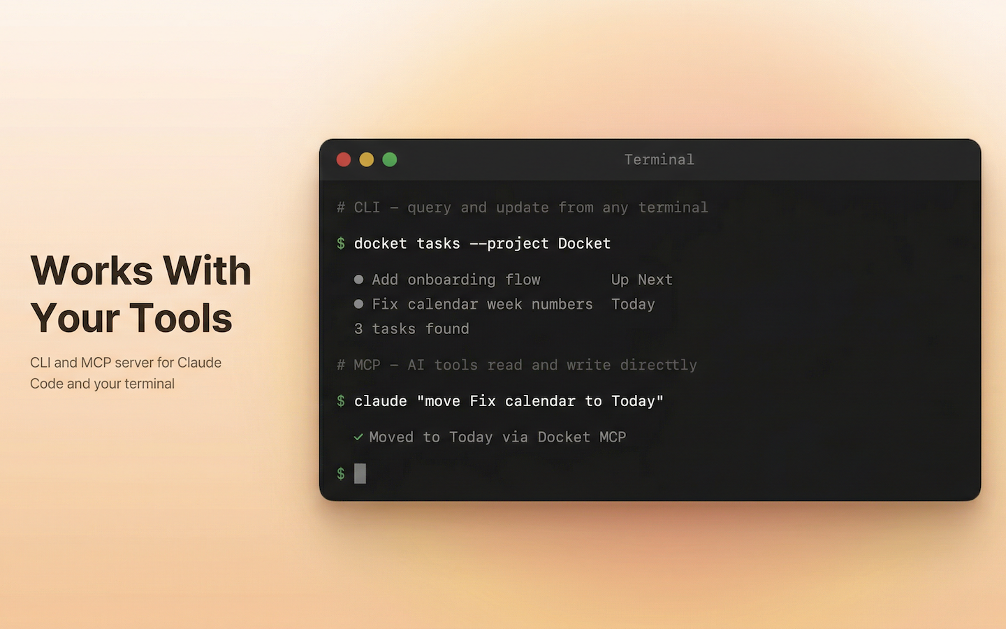 Terminal showing Docket CLI commands and MCP integration