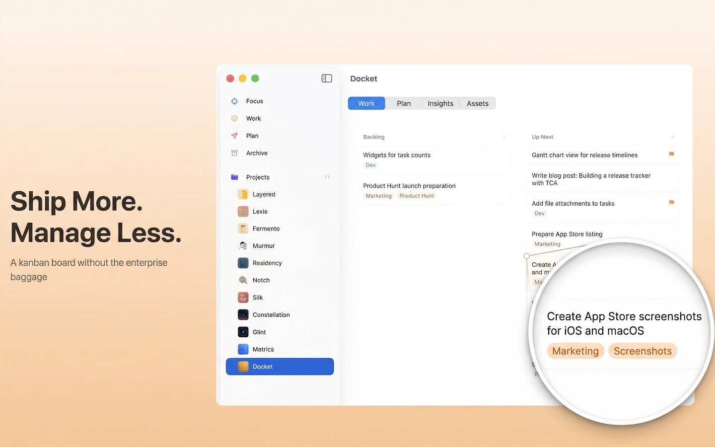 Kanban board with project sidebar and task detail zoom