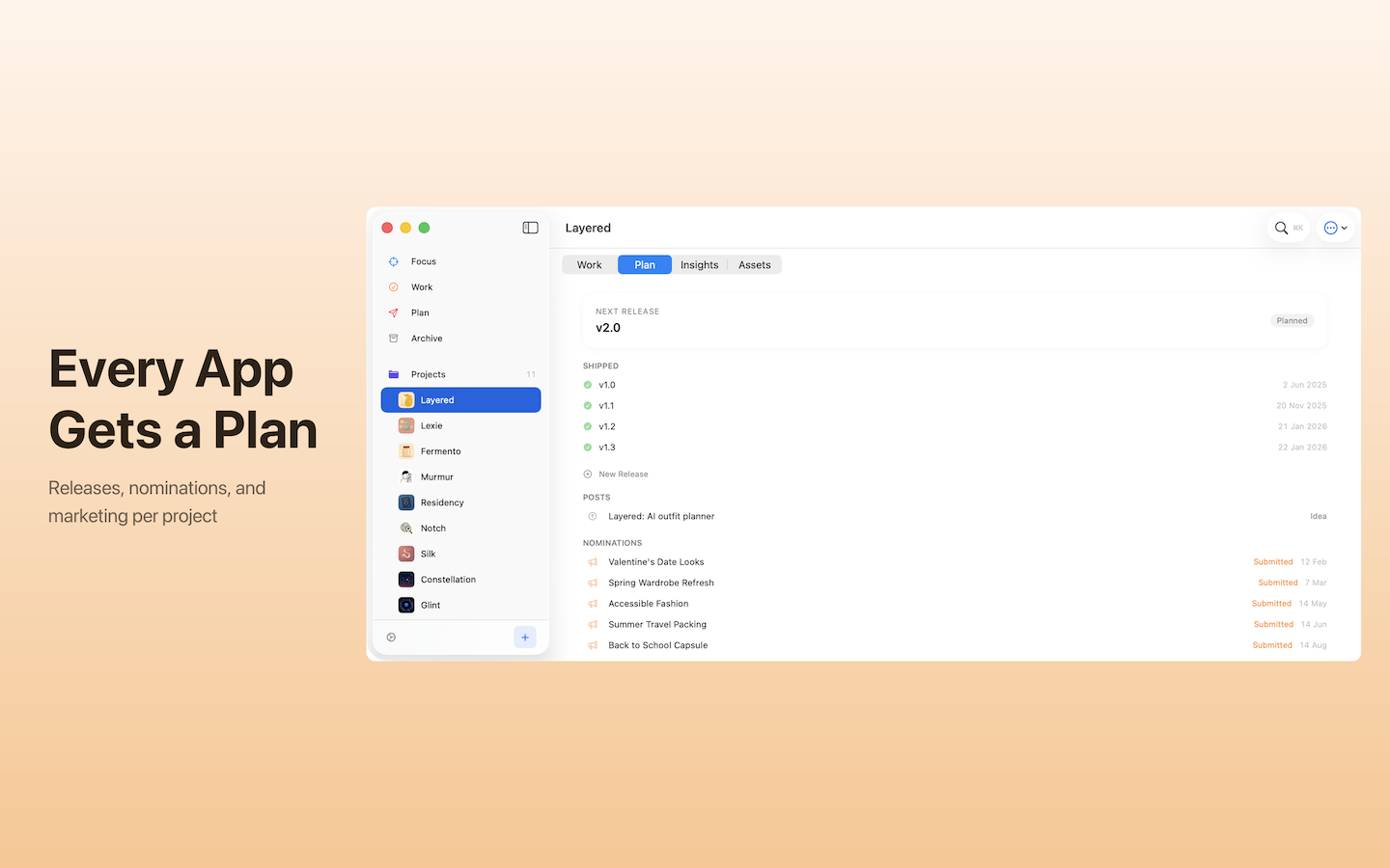 Project detail showing releases, posts, and nominations
