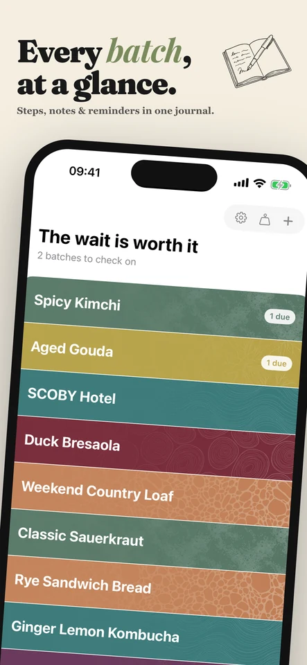 Home screen listing active batches to check - Spicy Kimchi, Aged Gouda, SCOBY Hotel, Duck Bresaola and more