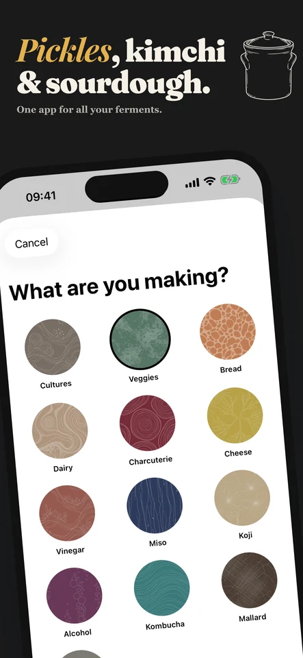 Category picker for what you're making - cultures, veggies, bread, dairy, charcuterie, miso, koji, kombucha