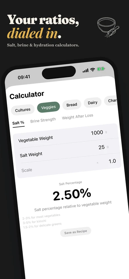 Fermentation calculators - salt percentage, brine strength, and hydration