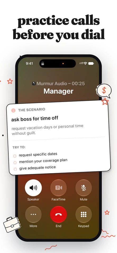 A practice call on the iPhone's call screen to Manager, with the ask-boss-for-time-off scenario and its goals
