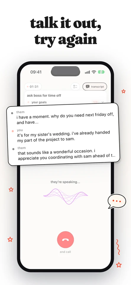 A practice call in progress, with the live transcript of asking your boss for next Friday off