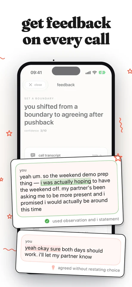 Call feedback showing where you gave up a boundary after pushback, with transcript highlights