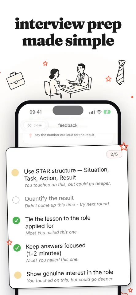 Interview feedback checking each answer against the STAR structure