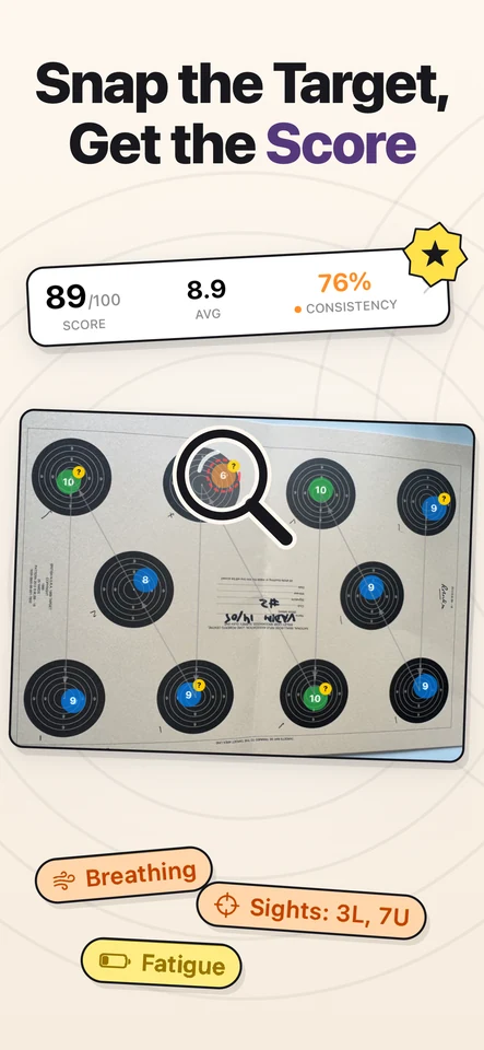 Notch scoring a photographed match card: 89/100, with breathing, sights and fatigue flags