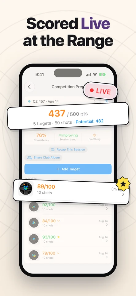 A live range session on iPhone: 437 of 500 points across five targets