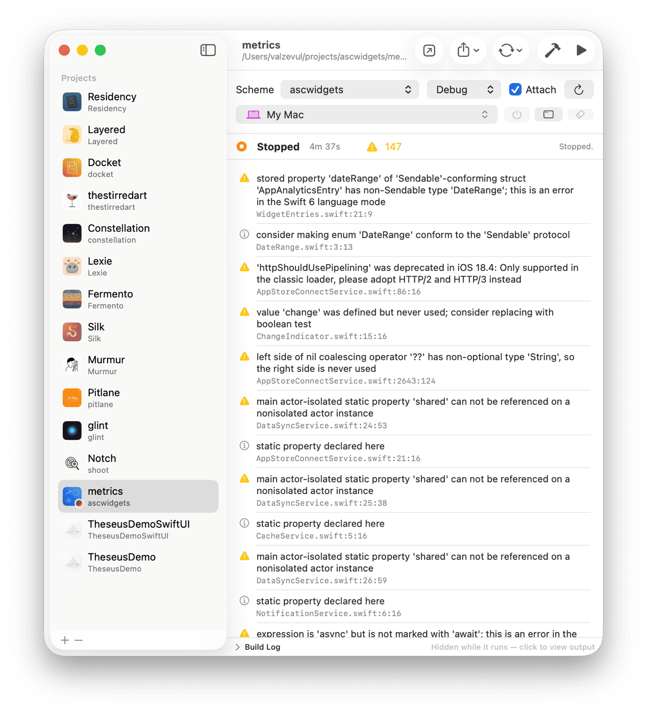 147 build warnings parsed into a clickable list