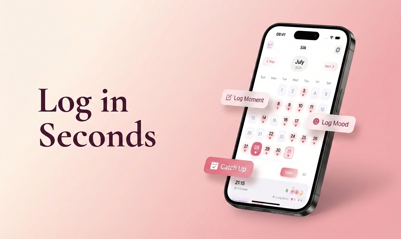 Silk quick logging: Log moments in seconds with options to log moment, log mood, or catch up on past entries.