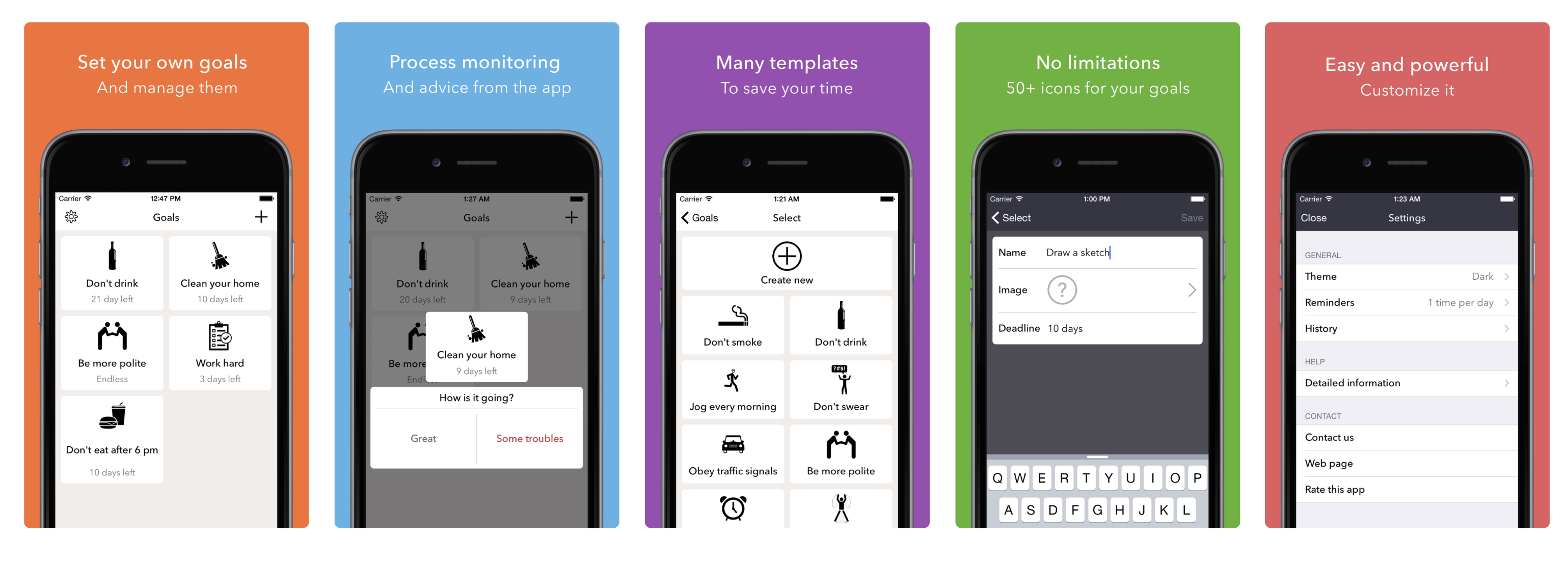 Motivate Me iPhone app screens
