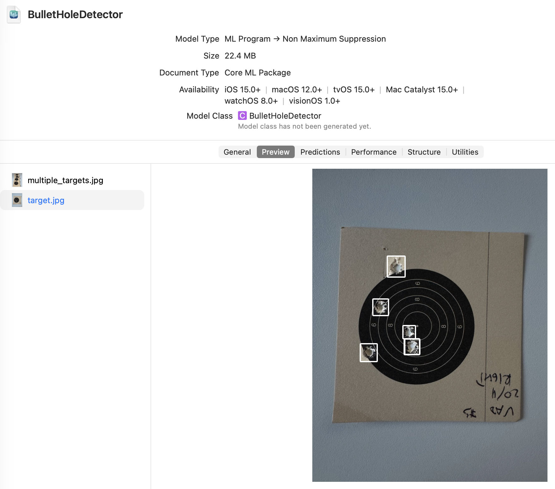 Xcode's CoreML model preview for 'BulletHoleDetector', 22.4 MB, targeting iOS 15+. On the right, a .22 target card with handwritten VAZ #5 annotations upside-down. Five white bounding boxes mark the detected shots - one high above the bull, three near the centre touching each other, and one low-left.