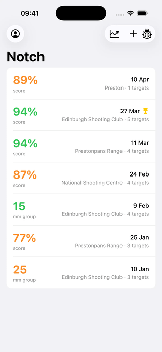 A short loop of the Notch app on iPhone: a competition card photographed from above, bulls auto-detected, holes localised, and scores written next to each bull.