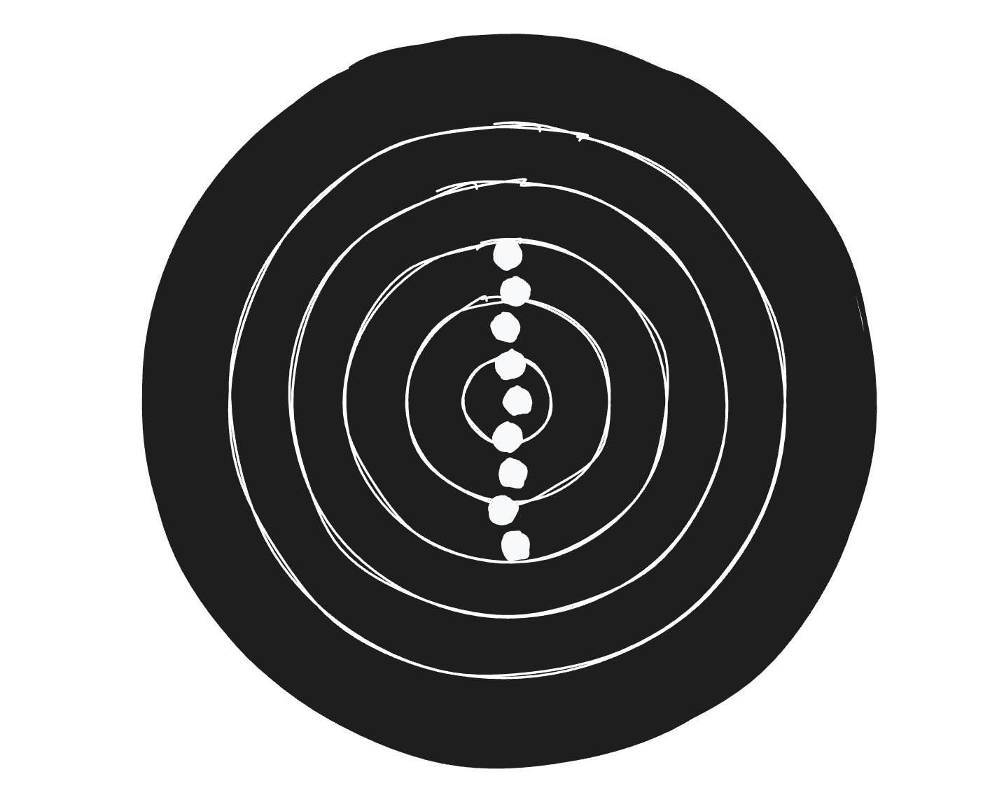 A target bull with concentric scoring rings. Shots form a vertical string running from above the 10 ring down through the centre to below it.