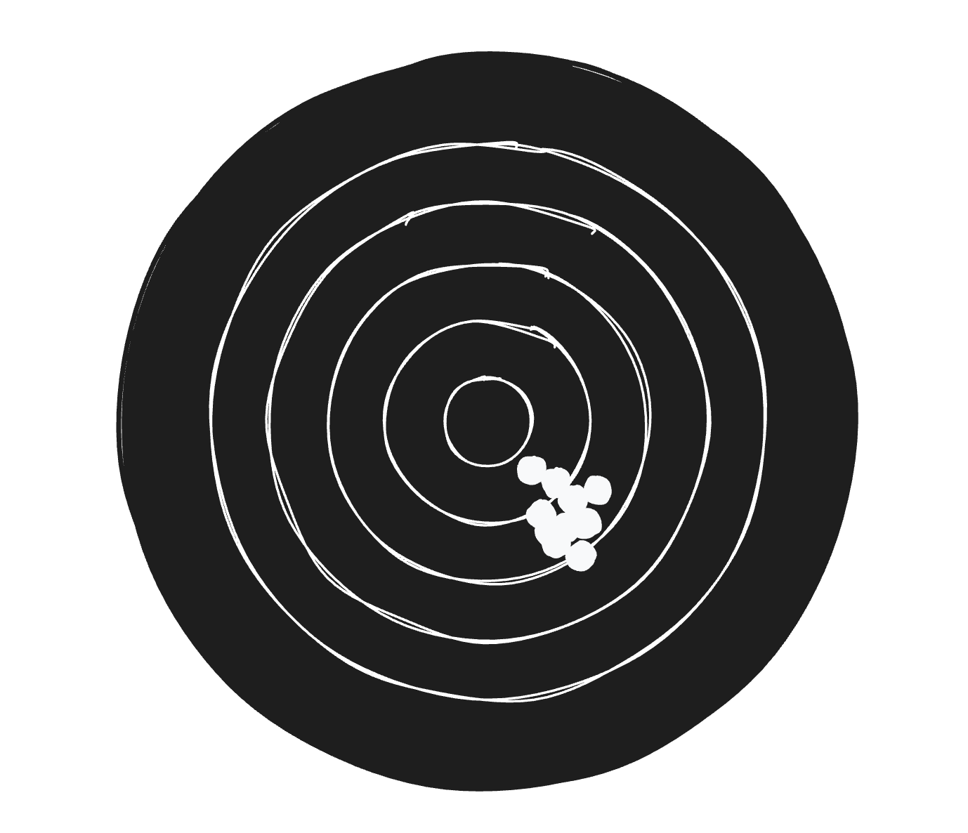 A target bull with concentric scoring rings. A tight cluster of about ten white holes sits low-right of centre, touching the 8 and 9 rings.
