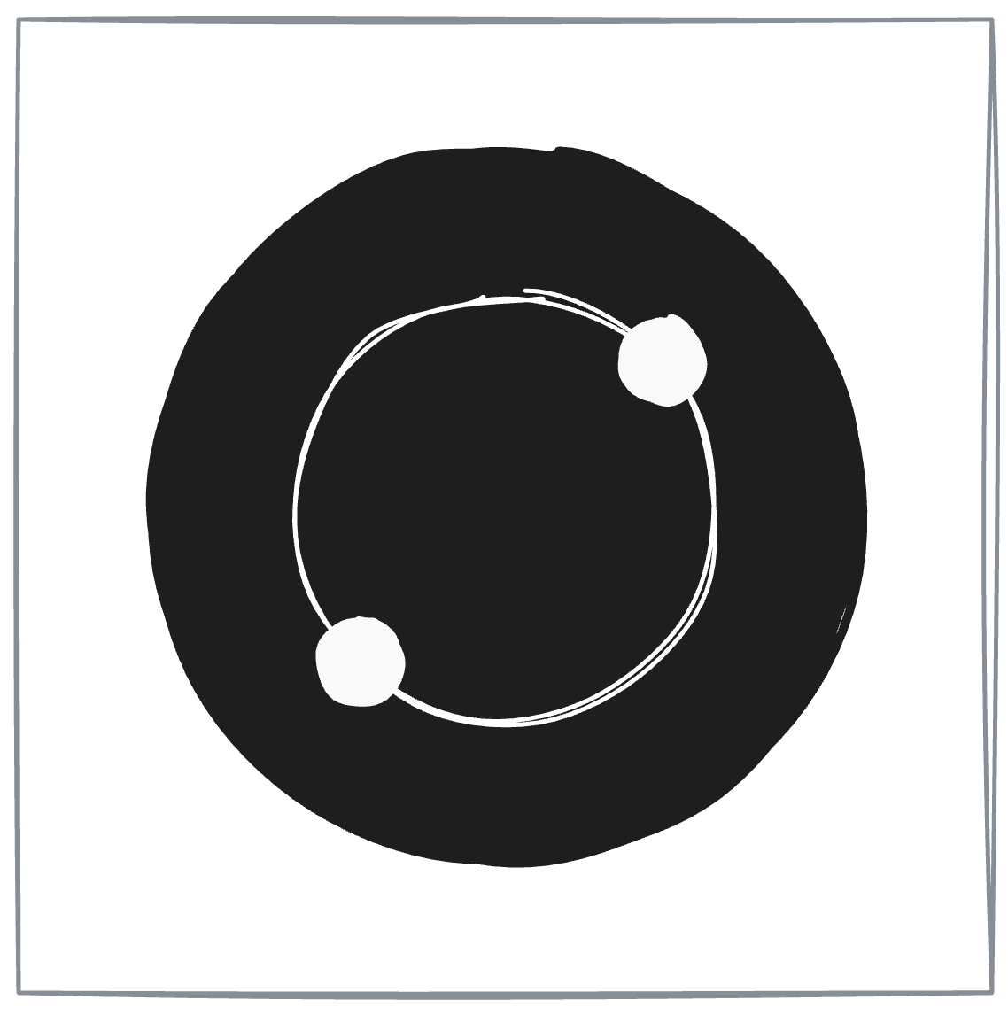 Grayscale of the bull: a white scoring ring line runs straight across two bullet holes.