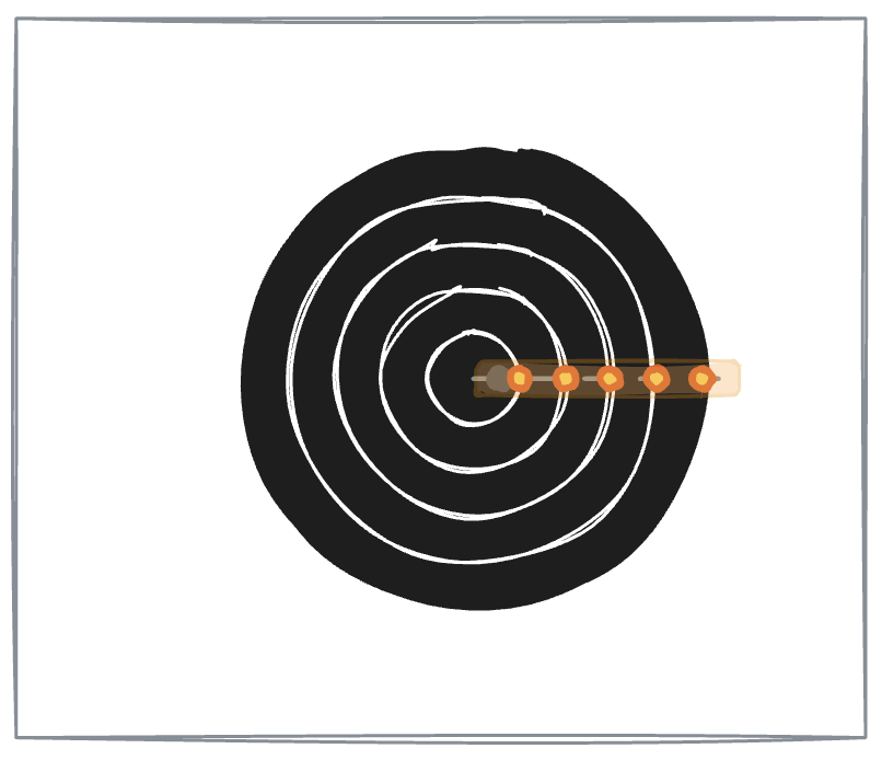 The same bullseye and strip; small orange-rimmed white circles mark each point where the strip crosses a white ring line.