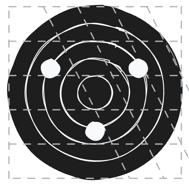 A bullseye target with three white bullet holes on the 9 and 8 rings, overlaid with a dashed grey grid that divides the image into equal square cells.