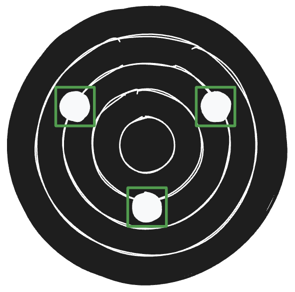 The clean final result: one solid green bounding box per bullet hole, no grid, no overlapping proposals.