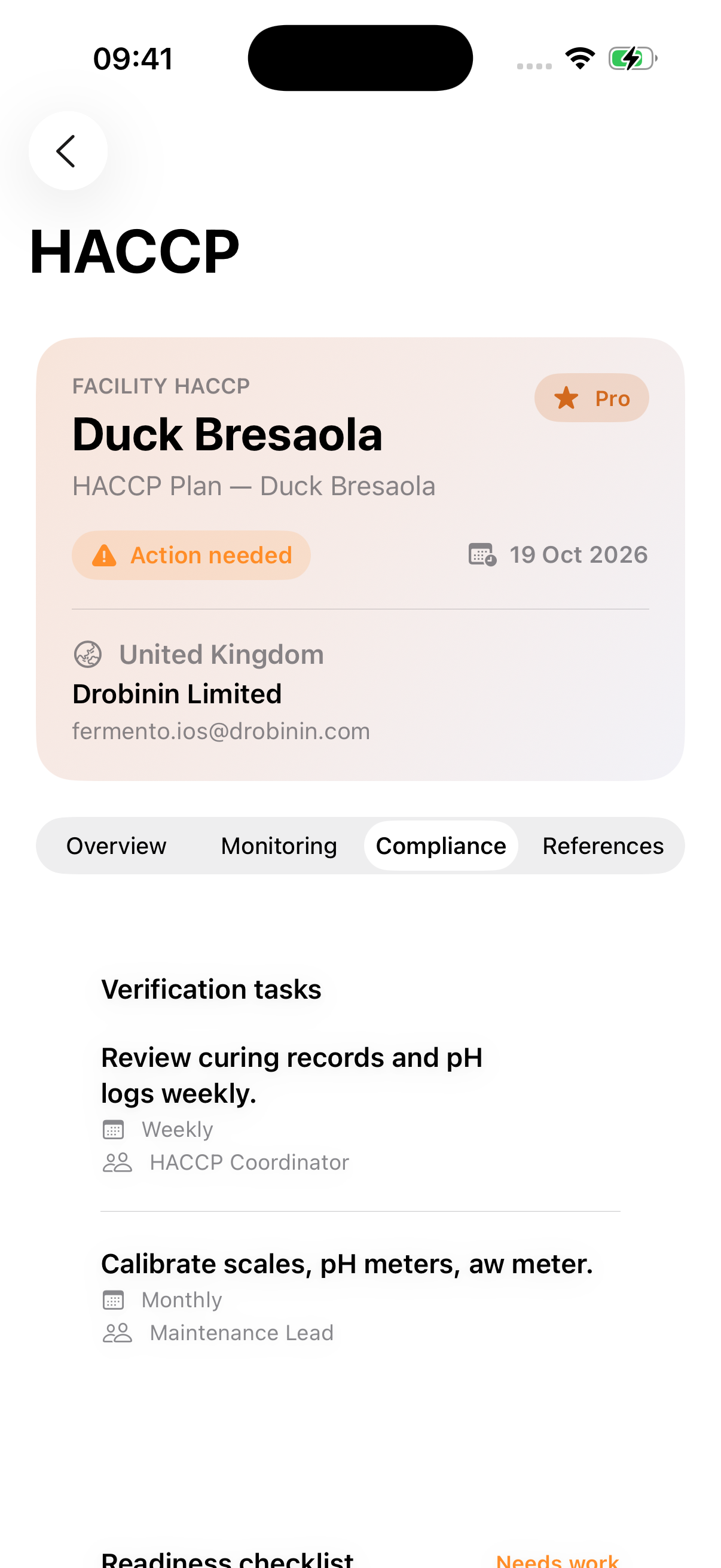 Fermento HACCP screen listing hazards and actions.