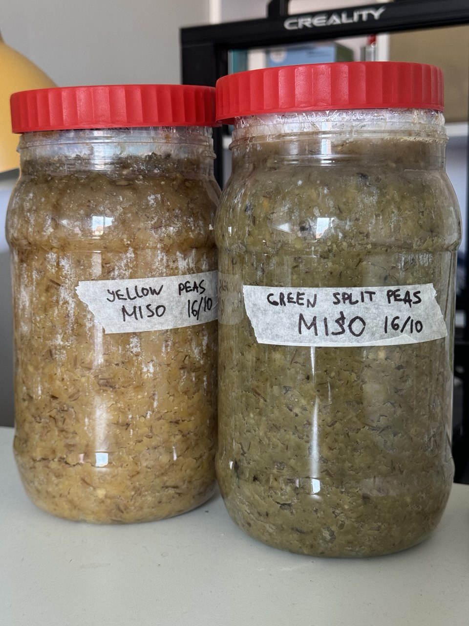 Tubs of homemade miso.