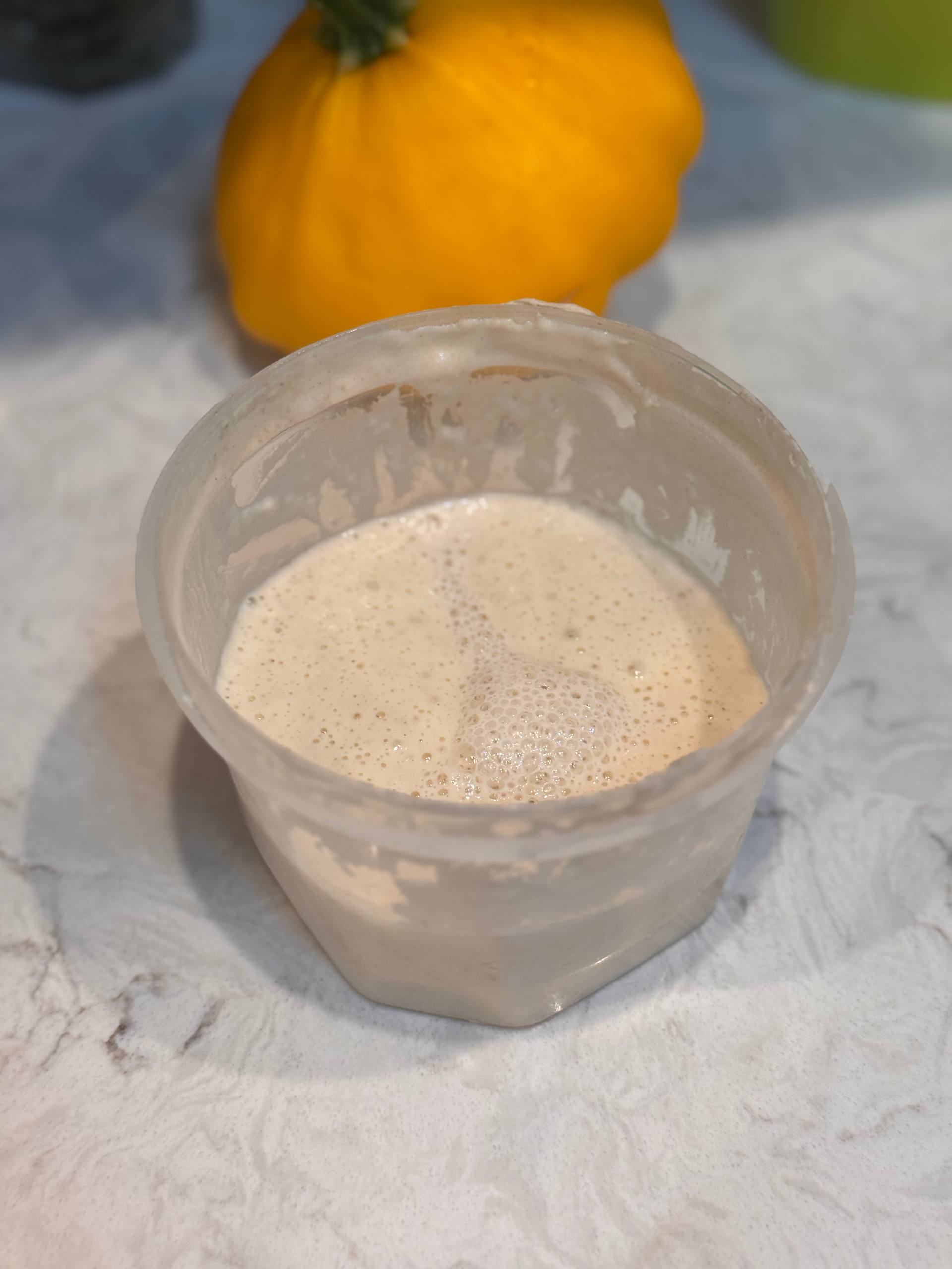 Jar of bubbly sourdough starter.